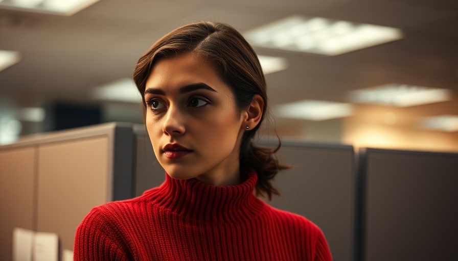 Young woman in office contemplating burnout recovery in a red sweater.