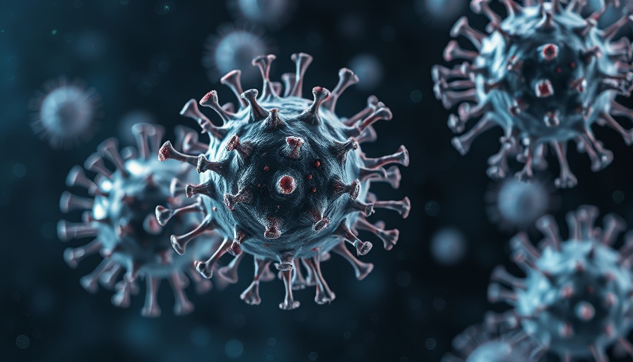Microscopic viruses illustrated against cosmic background.