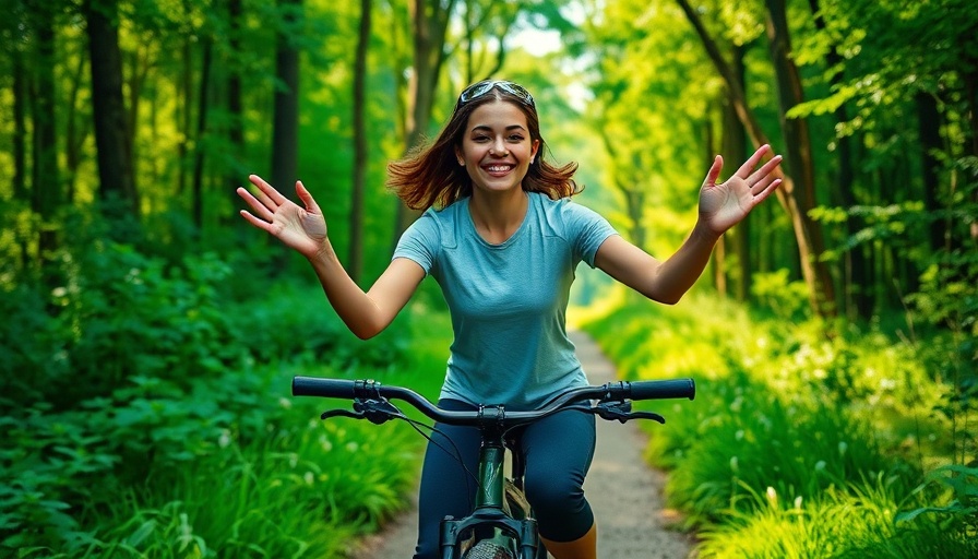 Phone-free summer camps: girl biking with hands off in forest trail.