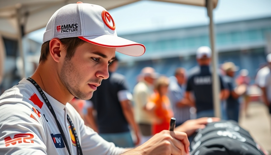 Young man autographs hats as older man observes at outdoor event.