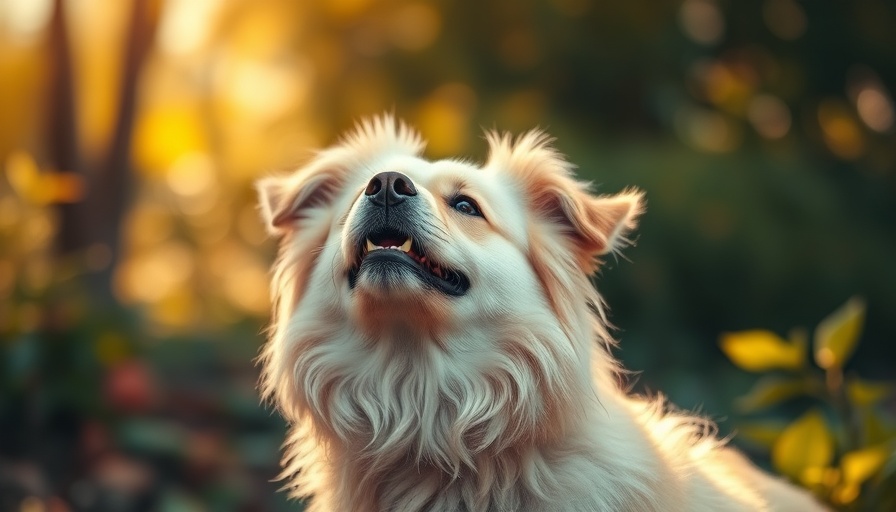 Fluffy light-tan dog in nature setting, cinematic photo.