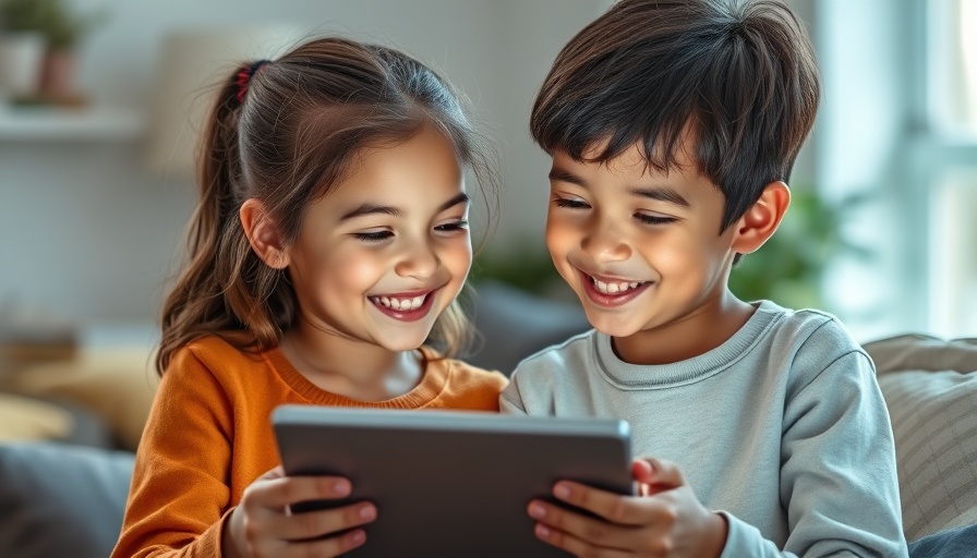 Children enjoying screen time together on a tablet indoors.