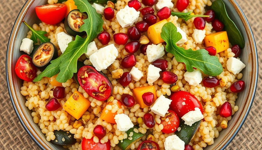 Pearl Couscous with grilled vegetables and feta on a plate.