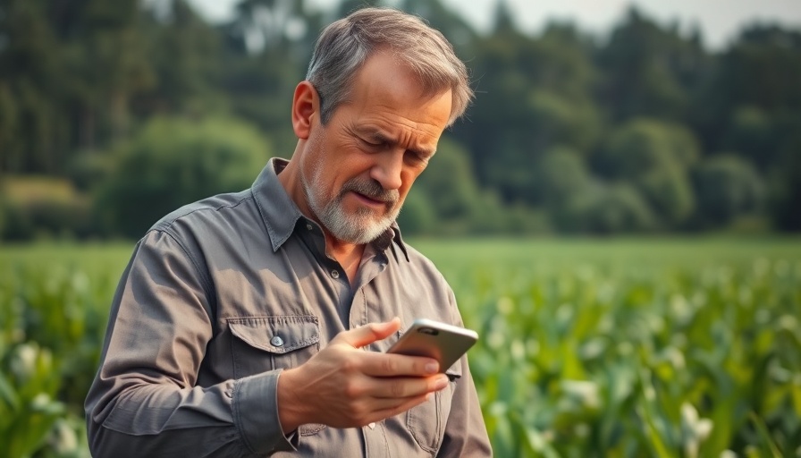 Middle-aged man using smartphone in field, AI chatbots in agriculture