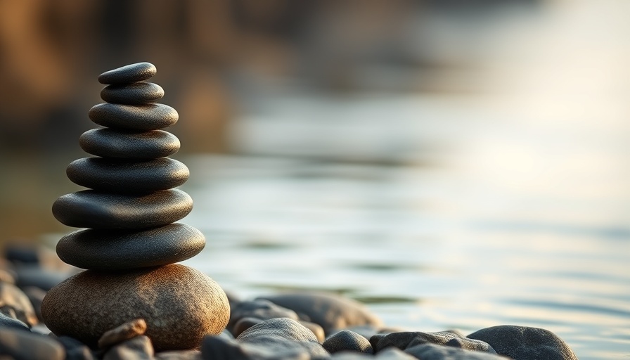 Serene stack of stones balanced near calm water, symbolizing balance.