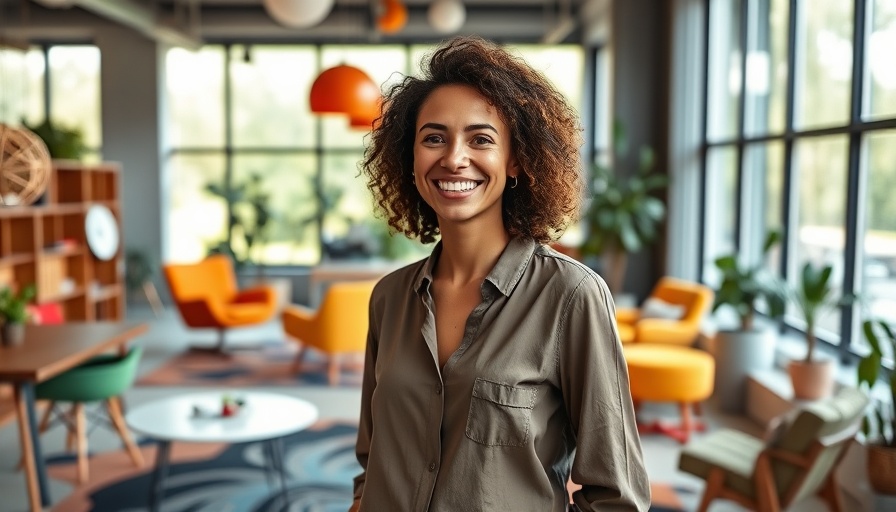 Professional woman smiling in a modern office setting, related to workplace toxicity.