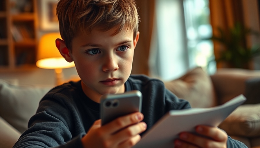 Curious young boy using smartphone for notes in cozy living room.