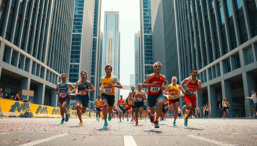Dynamic first marathon experience with runners in stylized urban setting.