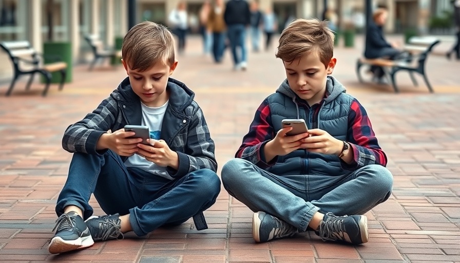 Two boys focused on smartphones in urban setting.