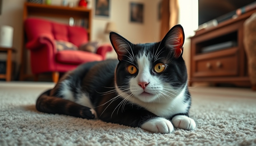 Black and white cat on living room carpet, calm setting highlights pet insurance topic.