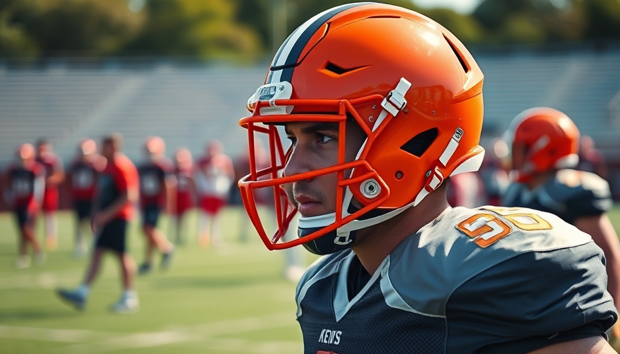 Football player wearing orange helmet practicing on field.