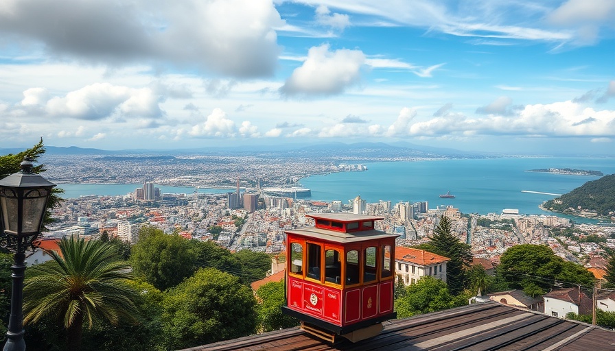 Scenic view of a city with a red cable car and lush green surroundings