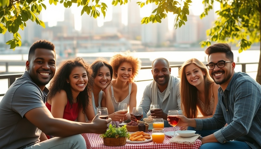 Group enjoying sustainable picnicking by the water with city skyline.