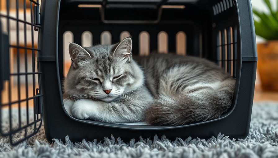 Cat resting in airline approved carrier on a plush rug.