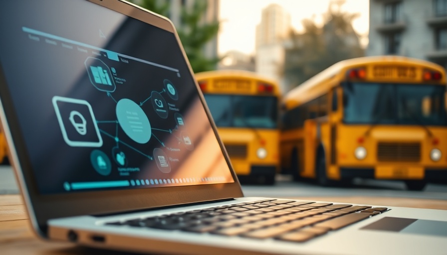 Digital content on laptop screen with school buses in background, AI companions among teens.