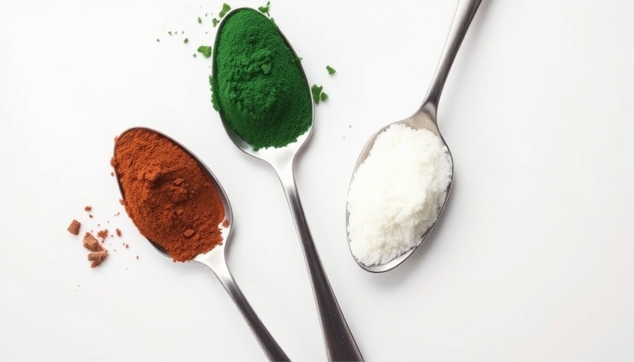 Spoons with superfood powders for smoothies on white background.