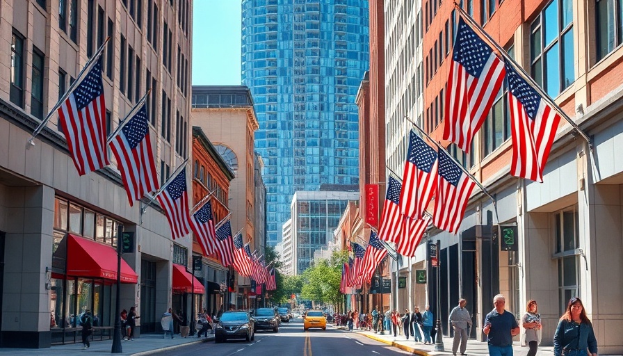 Downtown Raleigh street with skyscrapers and American flags, depicting urban work-life balance.