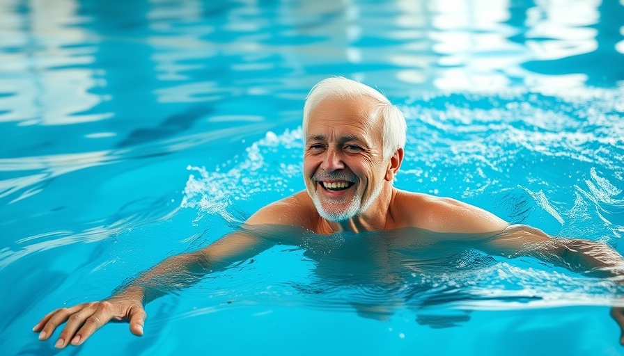 Elderly man swimming happily in indoor pool, illustrating benefits of swimming for seniors.