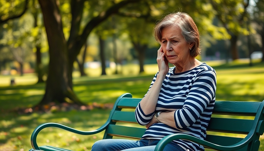 Mature woman showing discomfort sitting on a park bench.