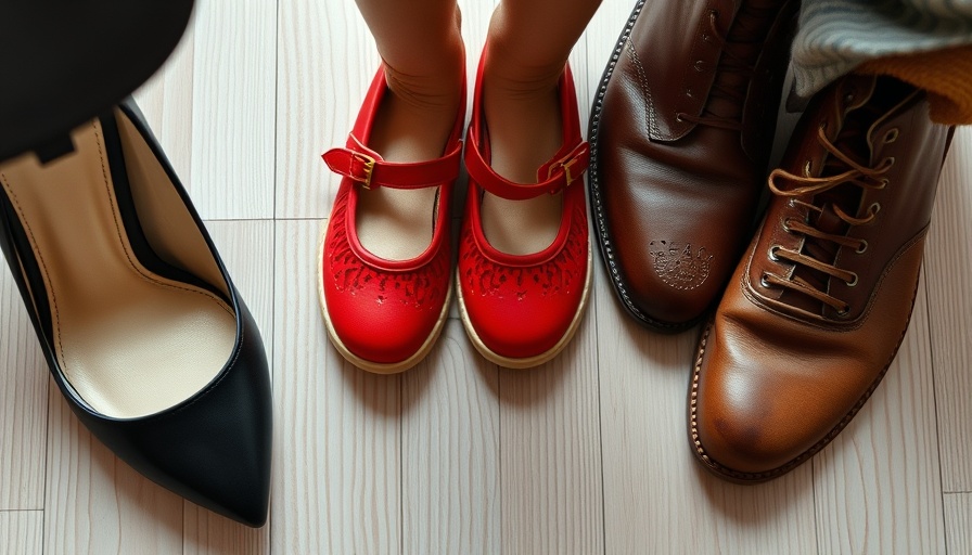 Footwear representing family unity on a wooden floor.