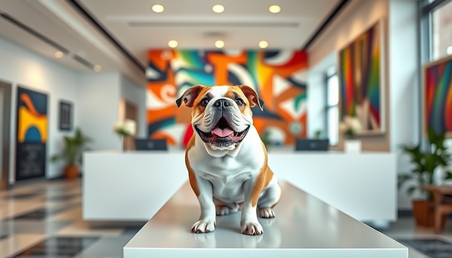 Cheerful bulldog in vibrant hotel lobby, pet-friendly hotels in Central and South America