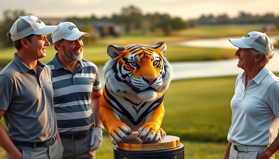 Scottie Scheffler with golfer beside a tiger trophy on golf course.