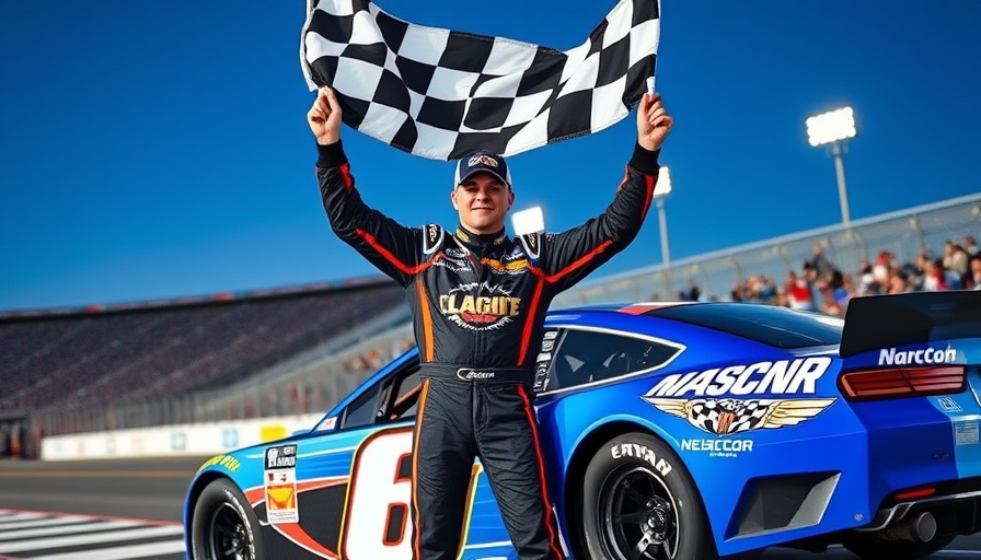 Denny Hamlin Wins Dover NASCAR Cup: driver celebrates with flag by blue car.