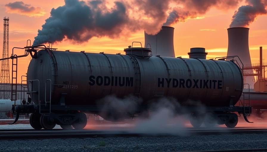 Industrial tank car at sunset, sodium hydroxide label, workplace safety.