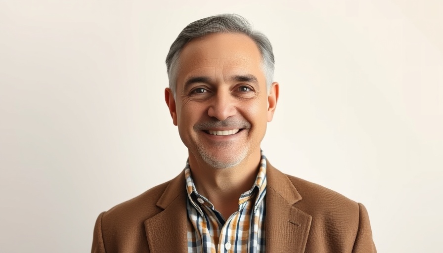Middle-aged person smiling gently, workplace stress and mental health.