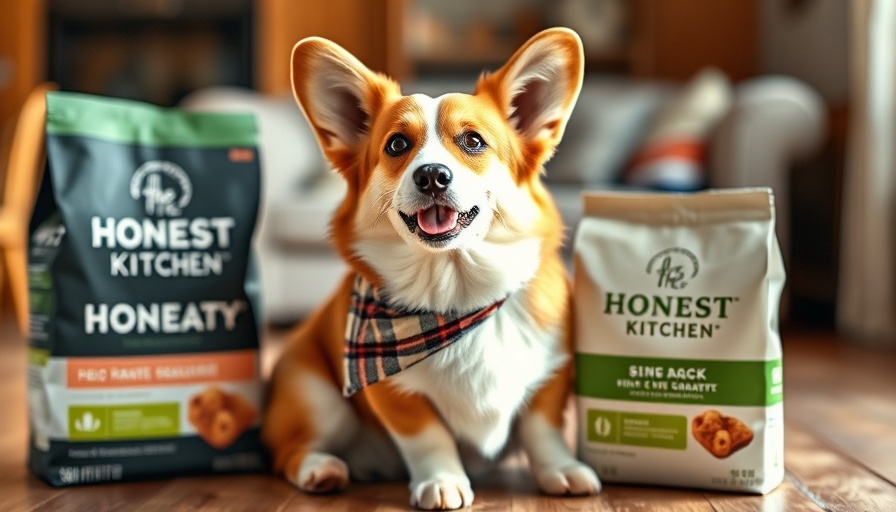 Corgi with plaid bandana beside The Honest Kitchen pet food.