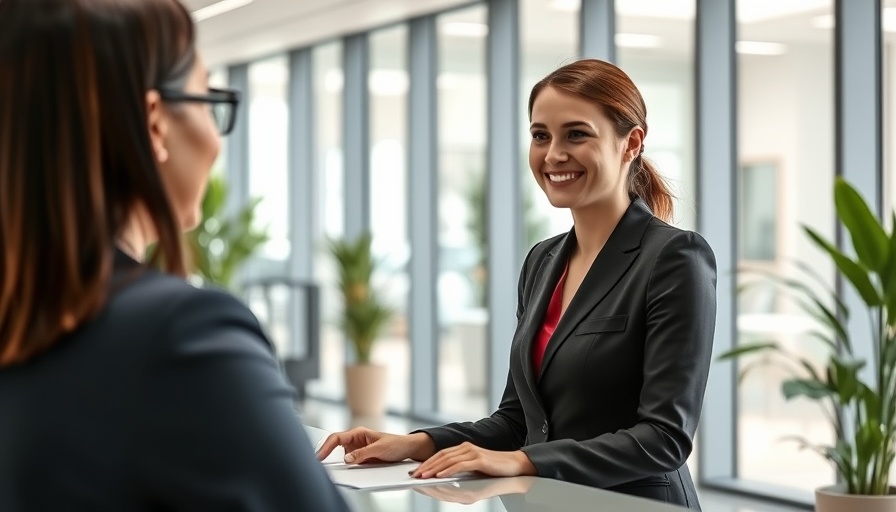 Receptionist in government building engaging with visitor.