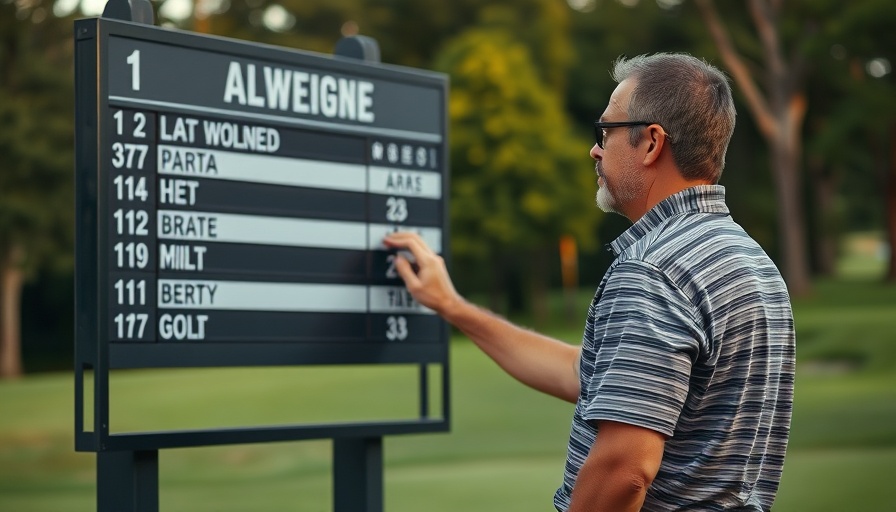 Man adjusting golf leaderboard with notable golfers' names at a tournament.