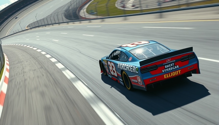 NASCAR car labeled Elliott racing at speed on track.