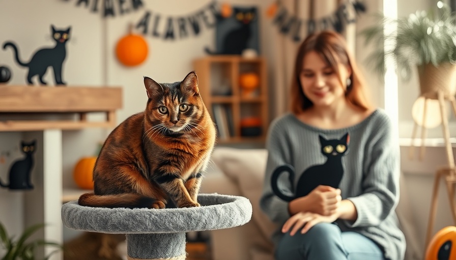 Tortoiseshell cat and woman by cat tree in cozy indoor setting.