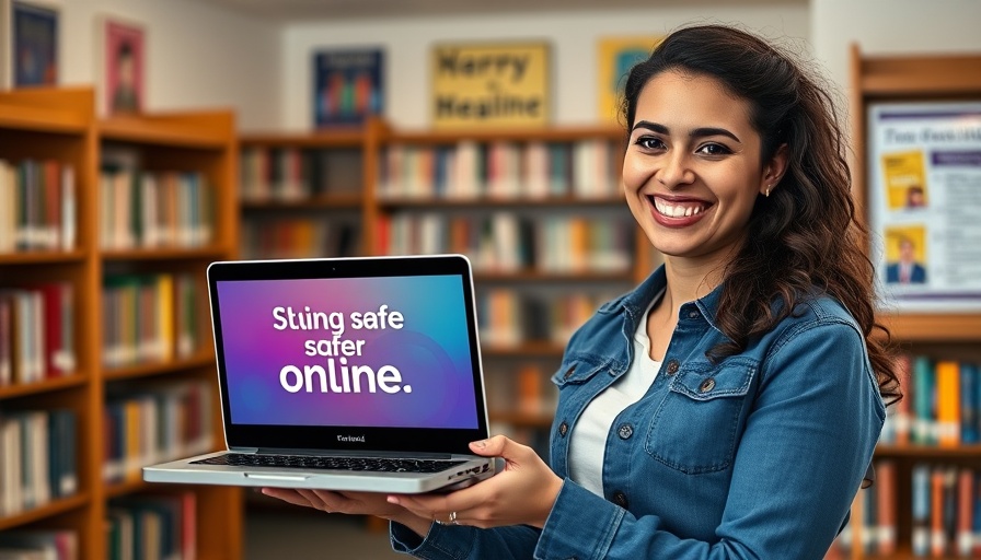Cheerful woman in library promoting keeping children safe online.