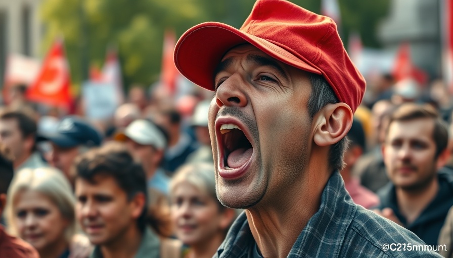 Demonstrator in red cap expressing emotions passionately outdoors.