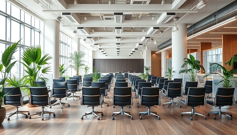 Modern office space with plants and empty chairs, representing work environment.