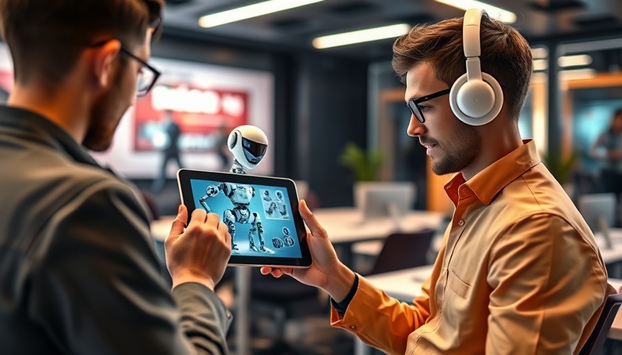 Person uses tablet showing 3D robot design in modern office, AI powered insights for labor market.