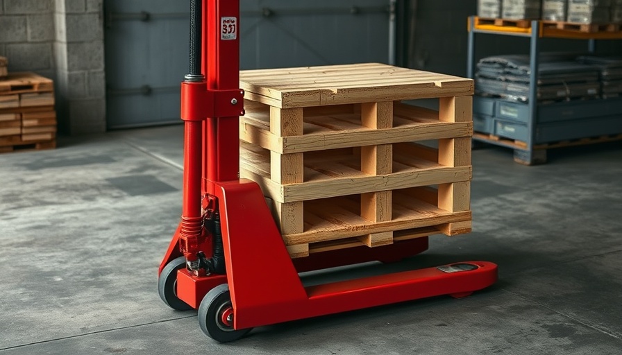 Red pallet jack lifting a pallet in a modern warehouse, essential investments.