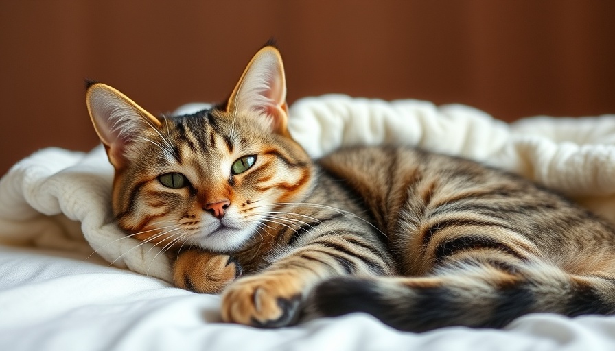 Relaxed tabby cat alert and resting indoors on a soft white blanket.
