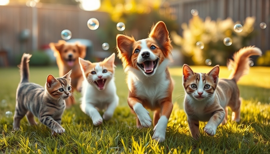 Healthy happy energized pets frolic on green grass at sunset.