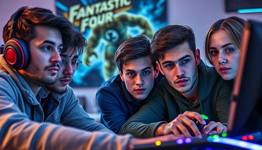 Group gameplay in front of Fantastic Four poster.