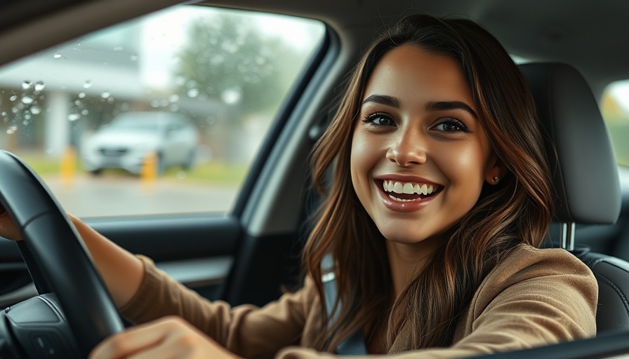 Young woman practicing fuel-efficient driving in rainy weather.