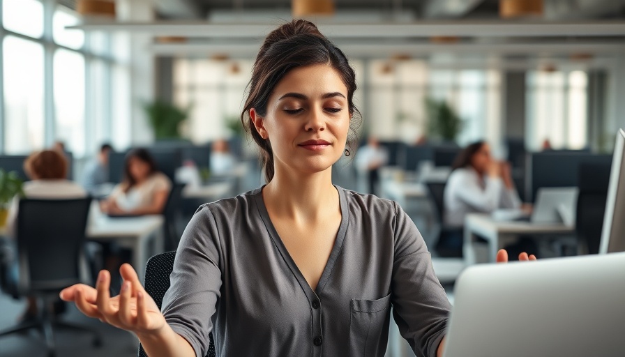 Woman managing work stress through meditation in a busy office