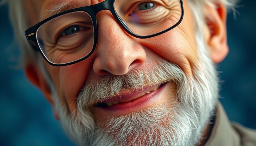 Portrait of a man with glasses and a beard, smiling softly against a blue backdrop.
