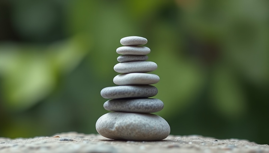 Mindfulness balance represented by stacked stones against green background.