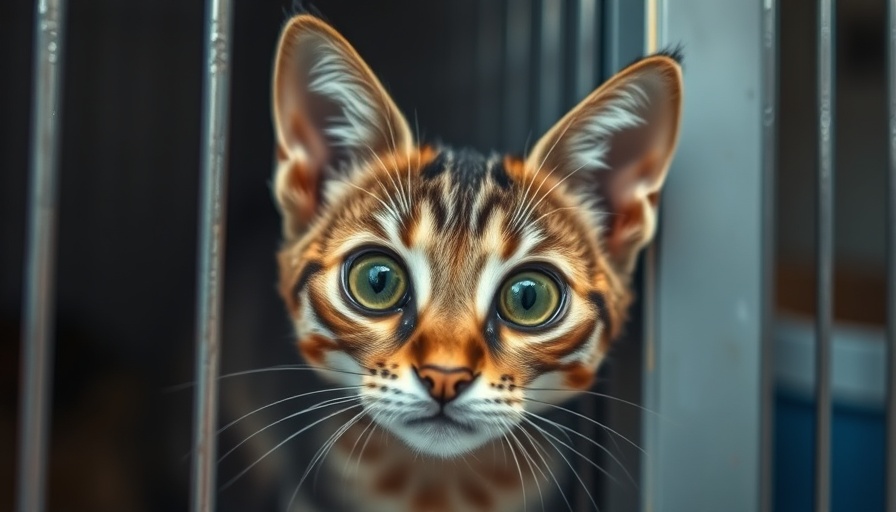 Curious tabby cat in a shelter peeking out of a cage.