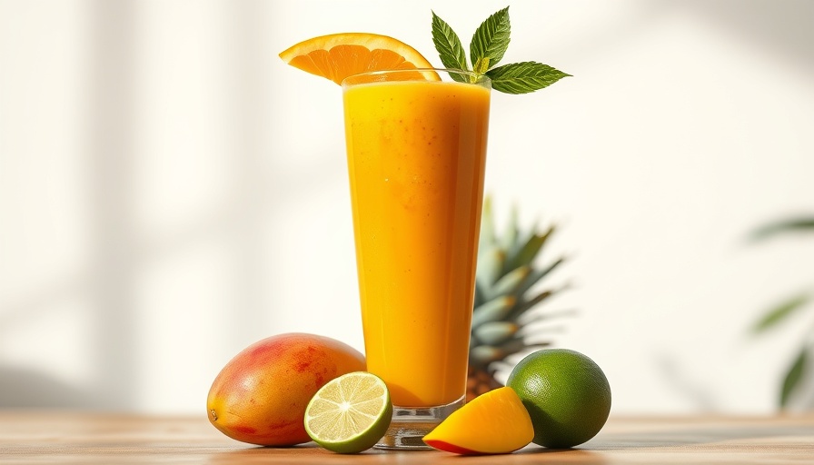 Tropical smoothie in glass with fresh fruits highlighting health benefits.