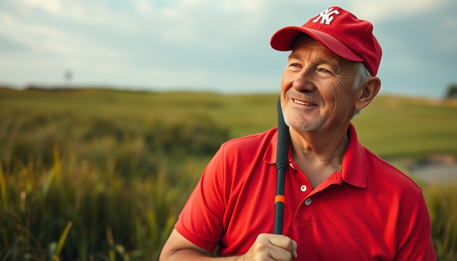Man in red cap demonstrates golf etiquette in grassy field.