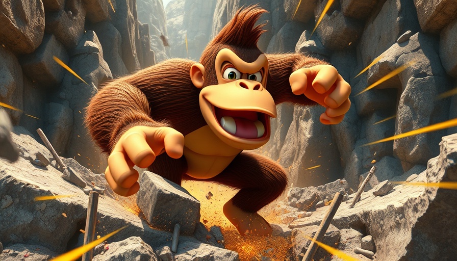 Intense Donkey Kong Bananza gameplay with vibrant rock smashing.